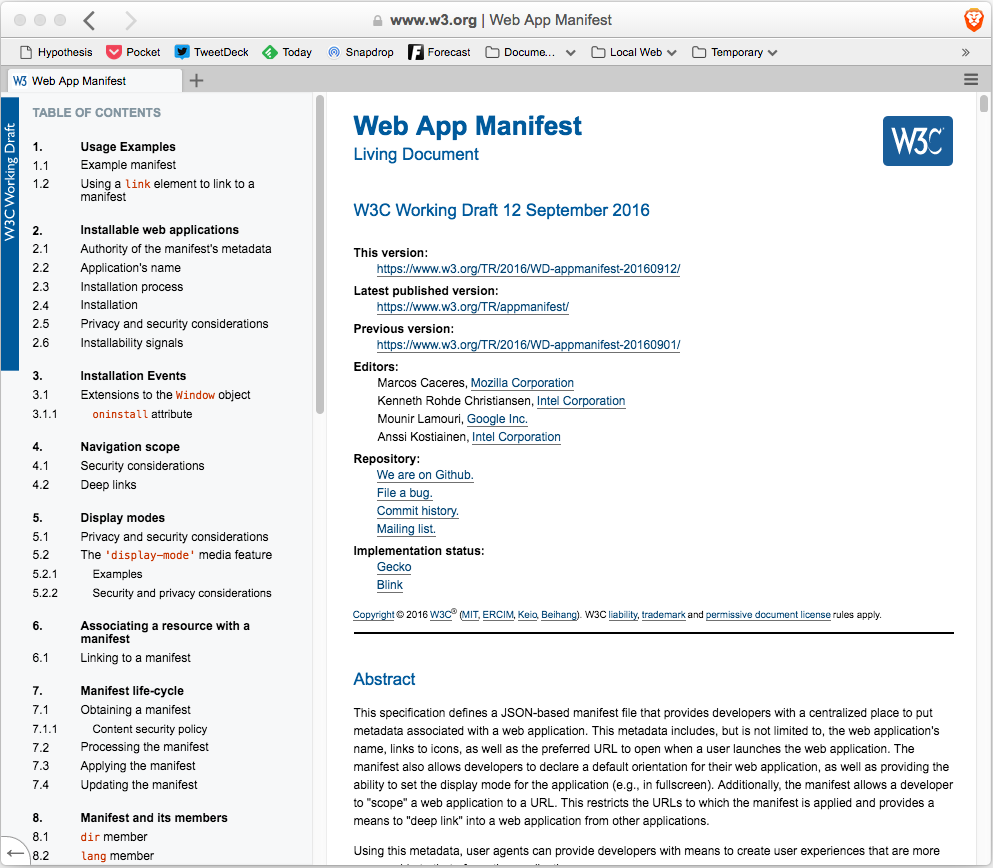 Screen dump of the App Manifest draft spec