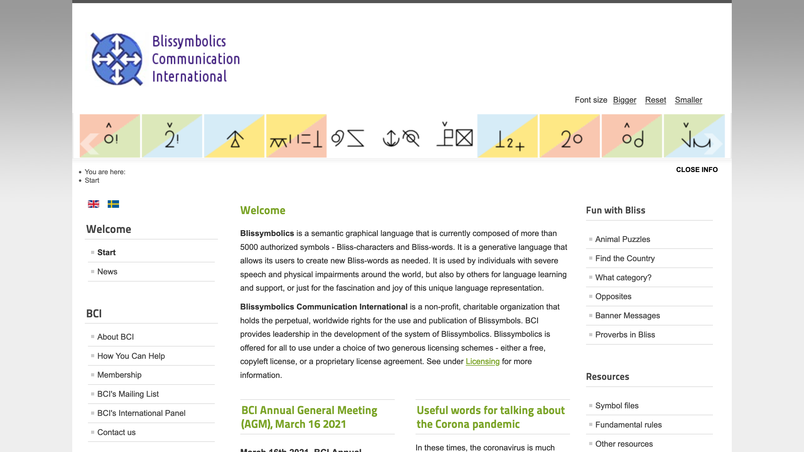 Home page of Blissymbolics Communication International