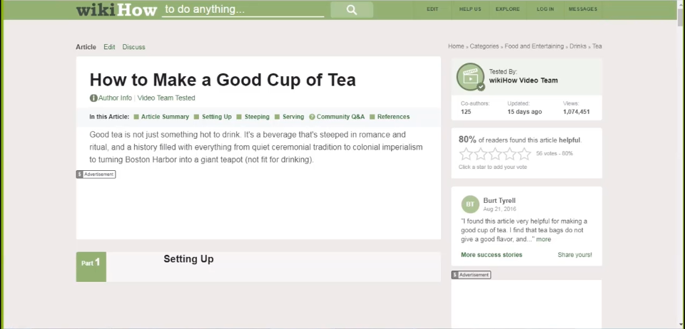 WikiHow page about how to make a cup of tea before adaptation; featuring extraneous content and many visual elements.