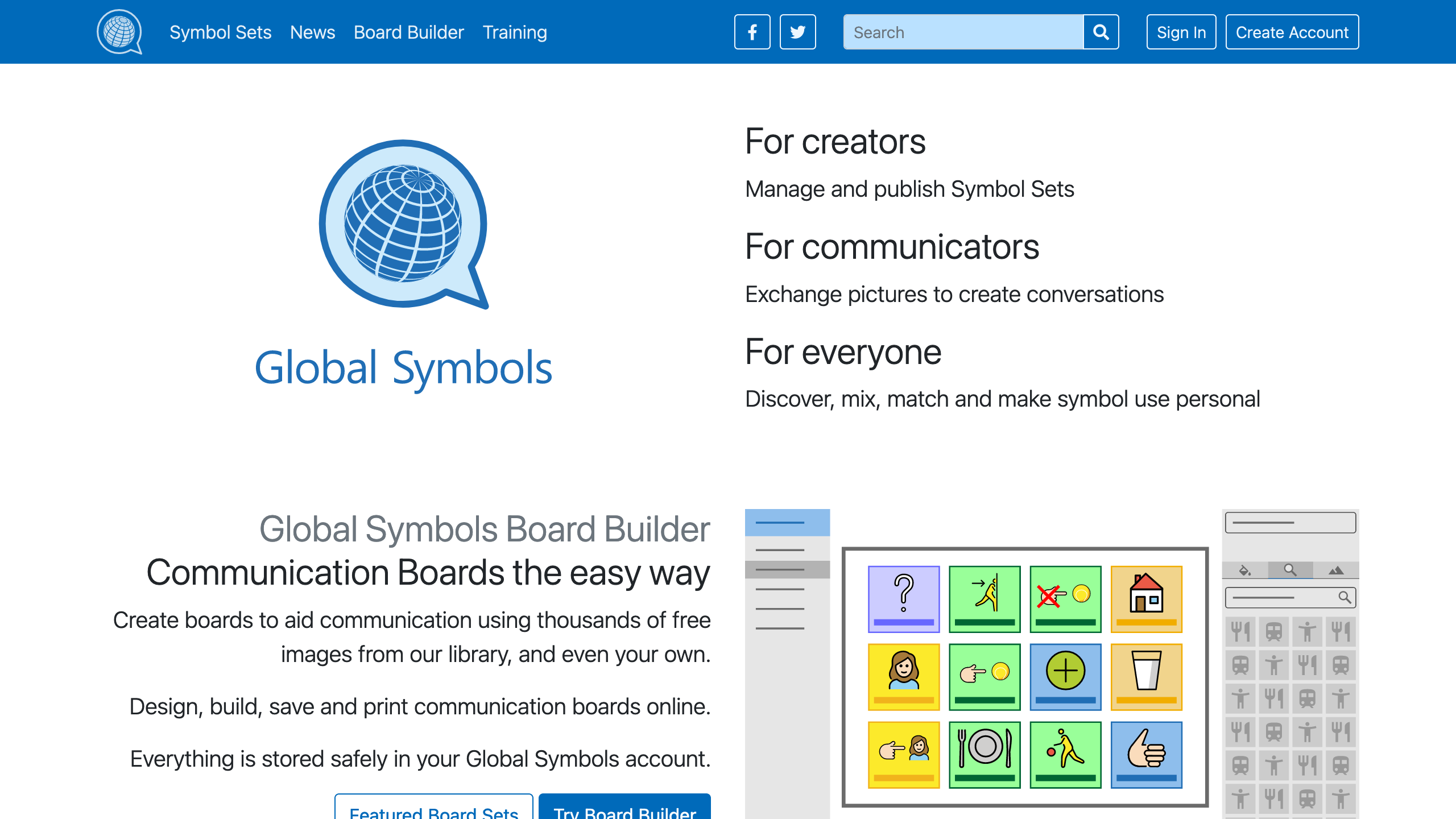 Home page of Global Symbols, a site that helps people find and publish symbol sets