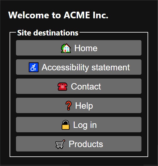 A close-up of the extension pop-up for the ACME Inc. home page, with the 6 buttons, each containing emoji and accompanying text names for the well-known destinations offered by the site: home, accessibility statement, contact, help, log in, and products.