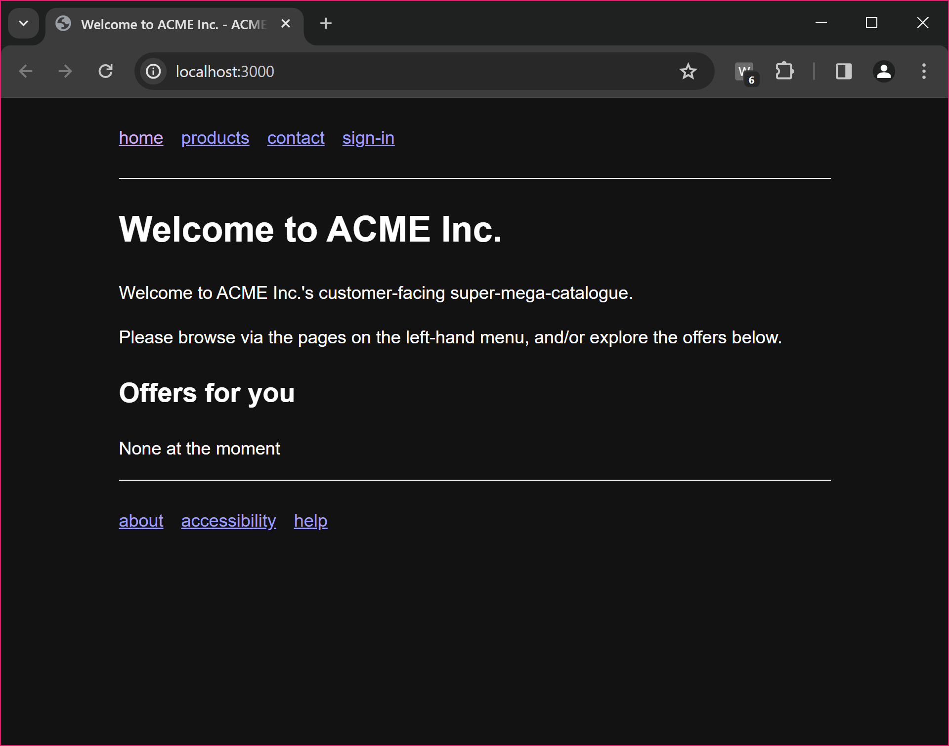 Fictional ACME Inc. home page. Extension icon in browser toolbar has a badge that says '6' on it.