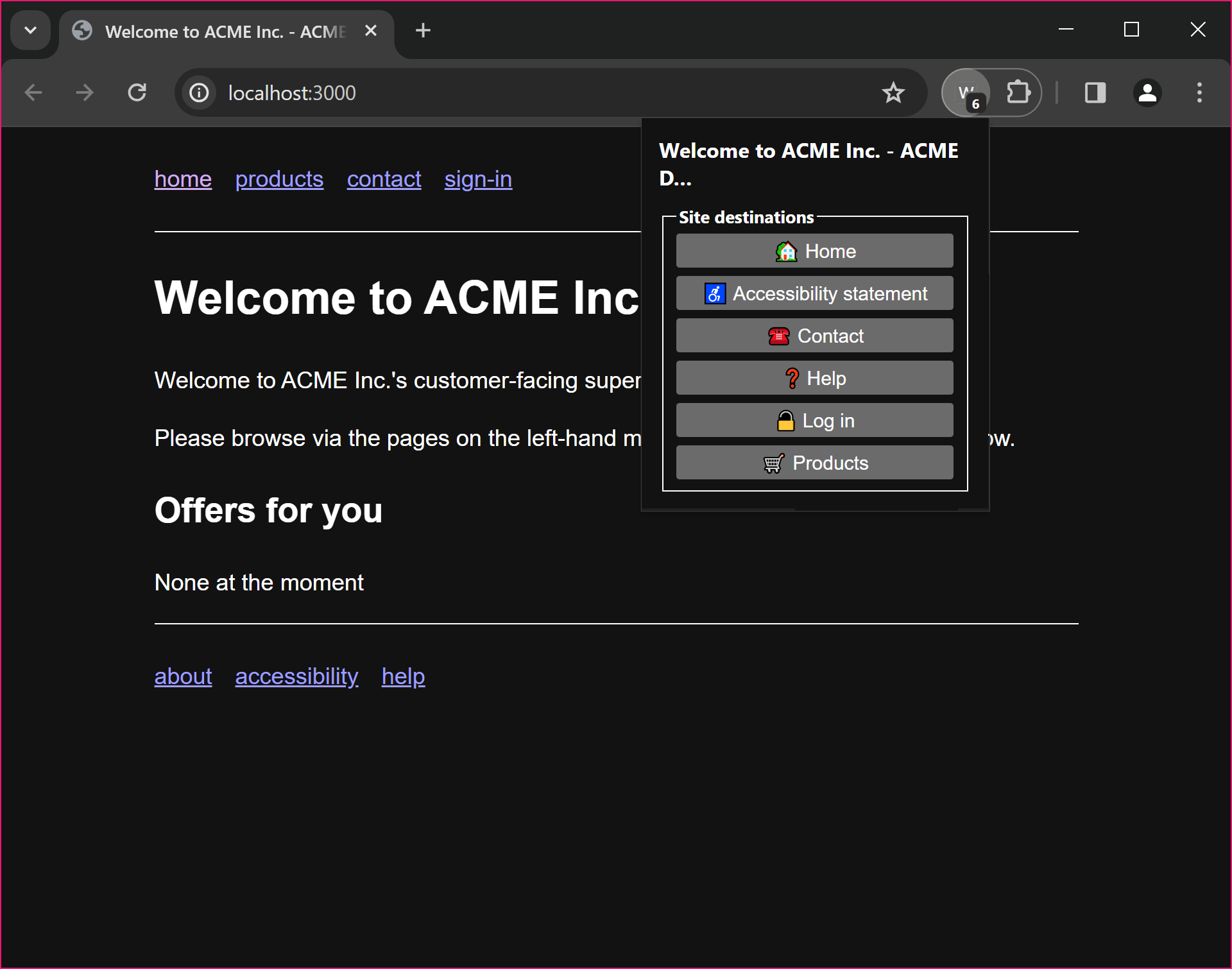 The ACME Inc. home page, with the extension pop-up open, showing 6 buttons, each containing emoji and accompanying text names for the well-known destinations offered by the site: home, accessibility statement, contact, help, log in, and products.