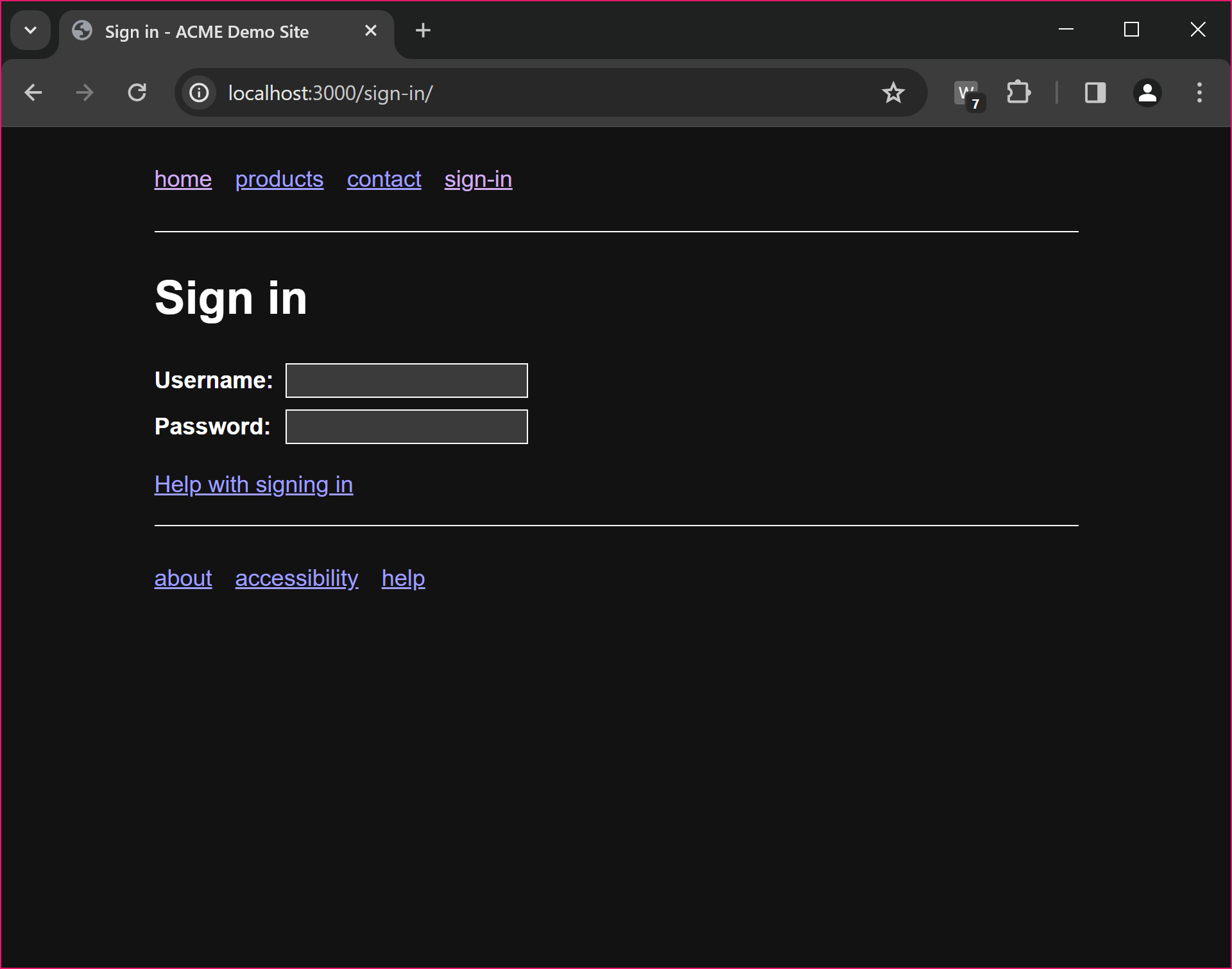 The ACME Inc. log in page (called 'Sign in' on the page itself).
