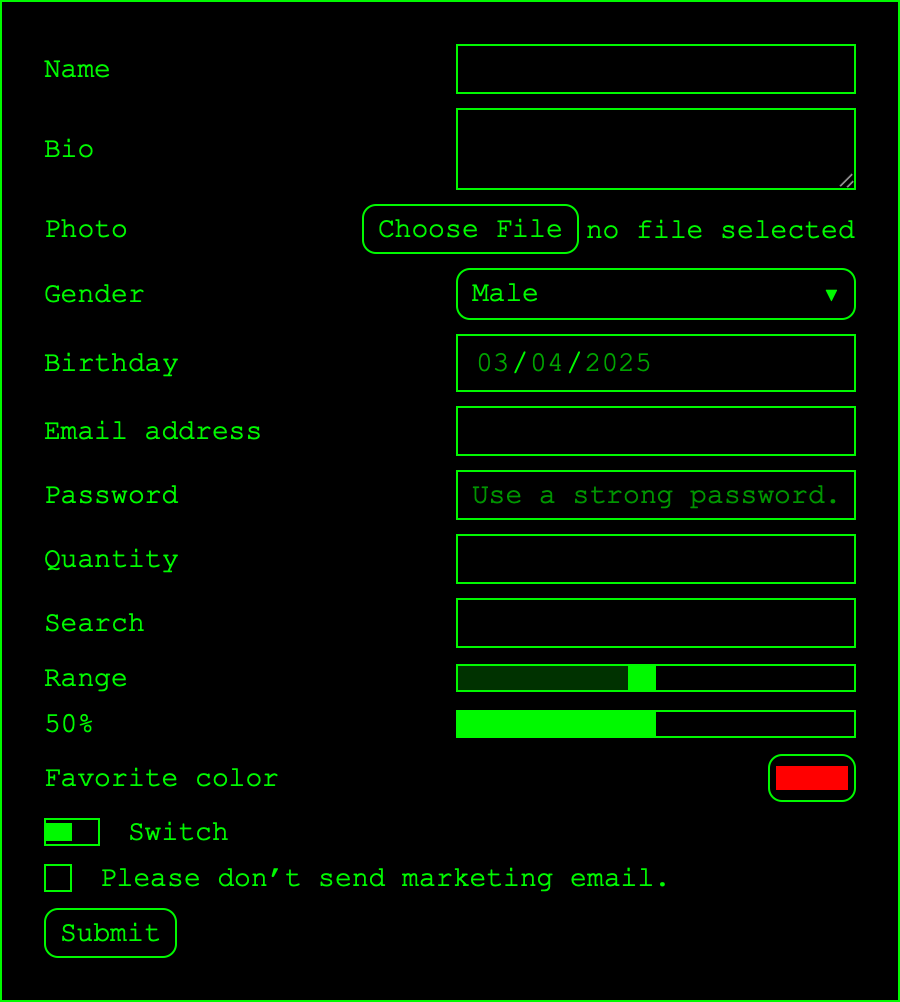 Screenshot of a customized basic appearance with green text and a black background