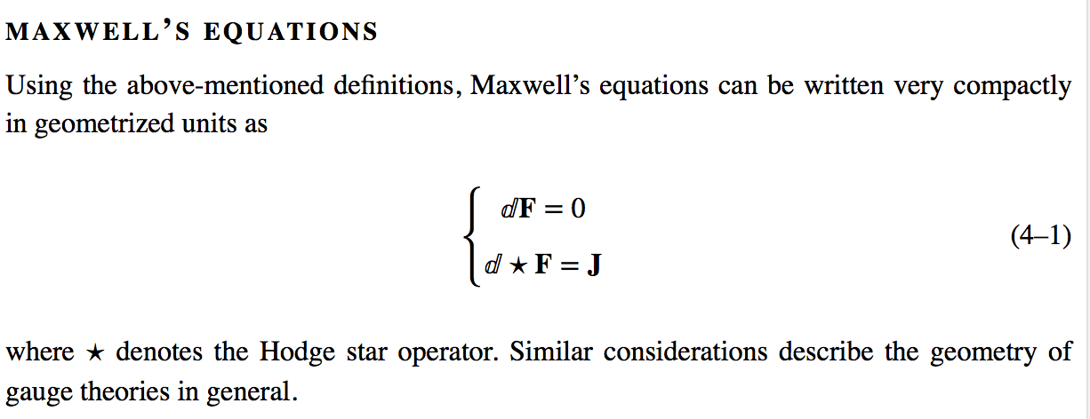 Excerpt from Wikipedia article on differential forms, showing Maxwell’s equations in two lines, centered horizontally, with equation number aligned to the right margin and vertically centered