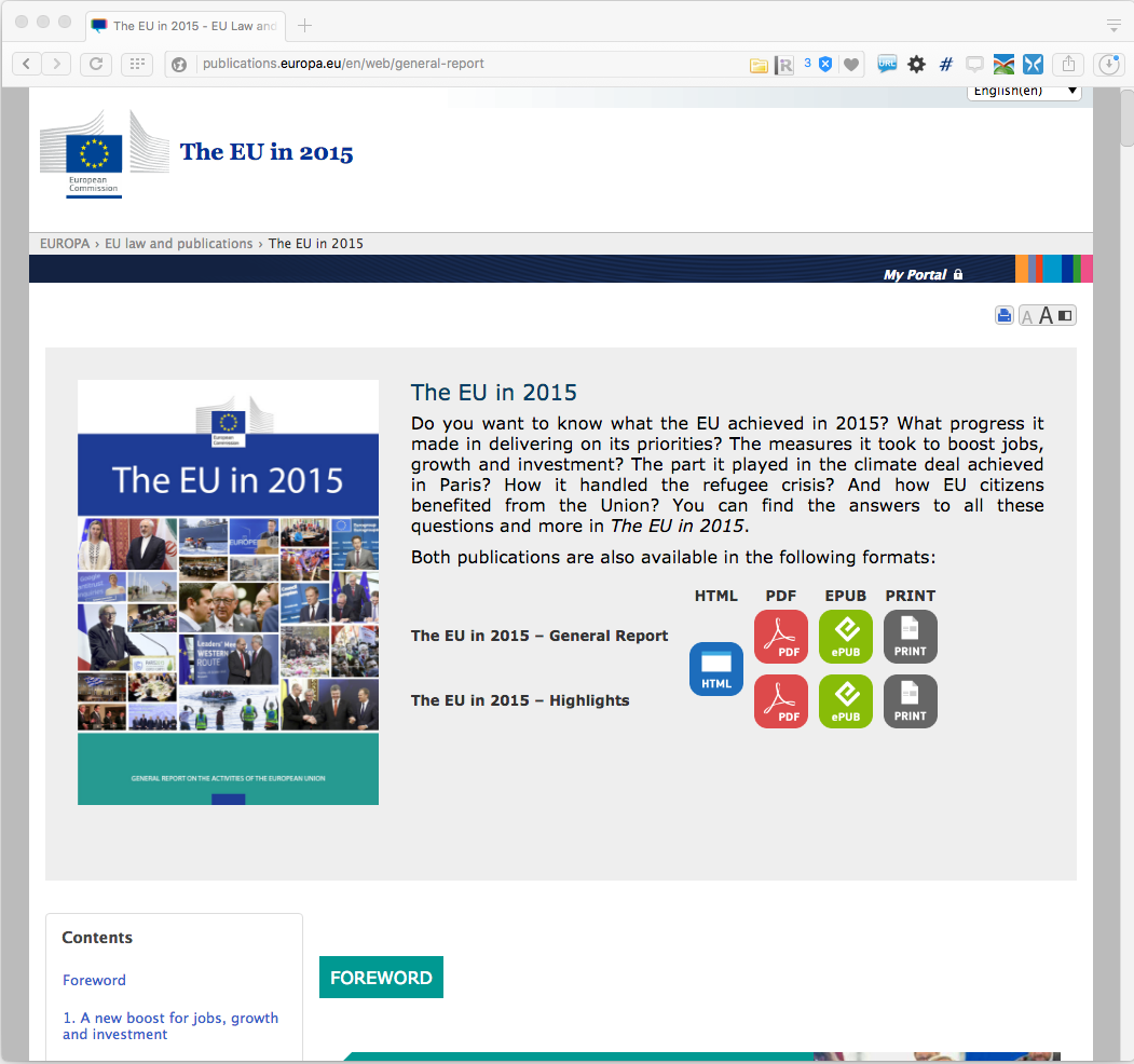 EU report page with signs for downloads