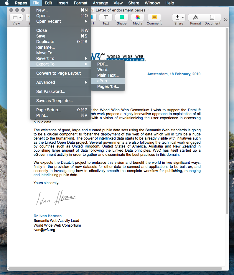 Screendump of Apple Pages saving a document as EPUB