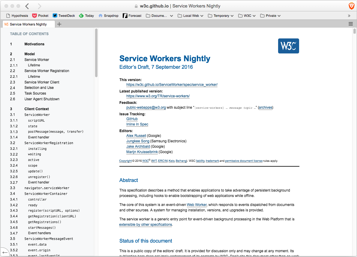 Screen dump of the service workers' draft spec