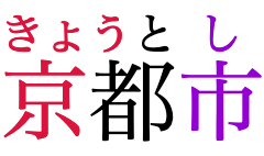“Kyoto City” written in horizontal Japanese,
					with phonetic annotations over each of the three characters.
					At 50% of the base font size,
					the first annotation doesn’t fit over its base character,
					so it merges with the second one.
					The third remains separate.