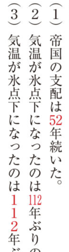 Picture of a vertical list in Japanese with numeric counters that have rotated parentheses above and below.