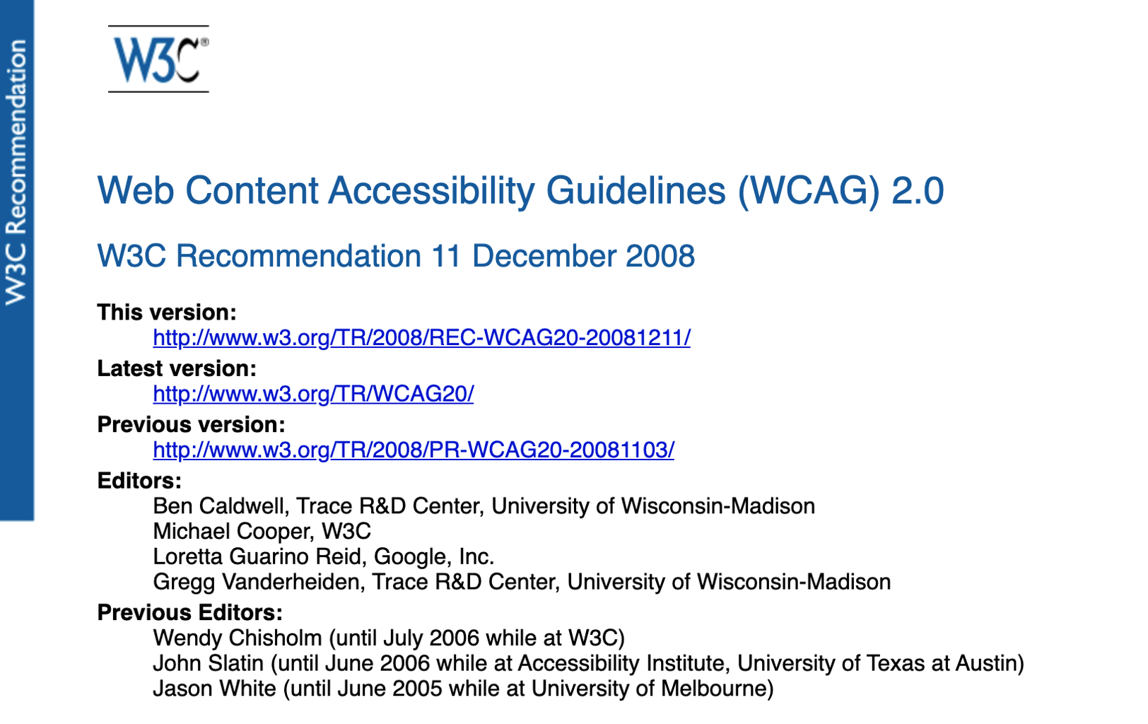 Web Content Accessibility Guidelines 2.0 front page