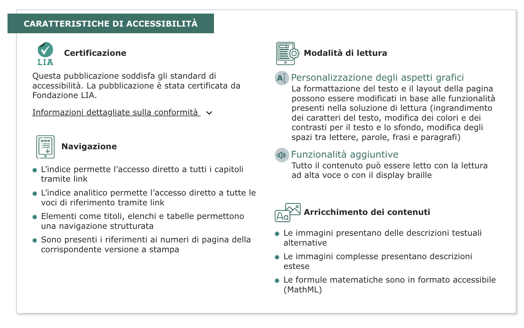 screeshot of Fondazione LIA implementation: the texts are in Italian, the main title is «accessibility features», the sub-sections are «certification», «navigation», «reading modes» (with subsections «Customization of graphical aspects» and «Additional features») and «Content enrichment». Each section has the texts as suggested by the guidelines. Each section is accompanied by an icon.