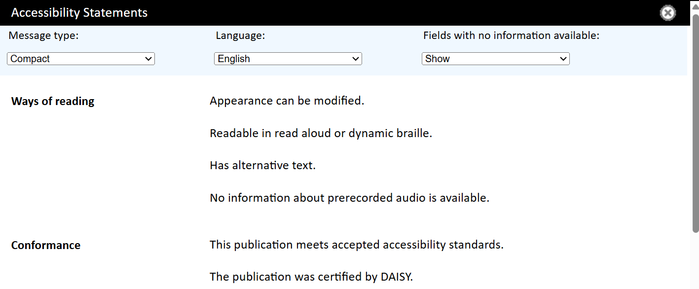 DAISY Accessibility Metadata Viewer result dialog