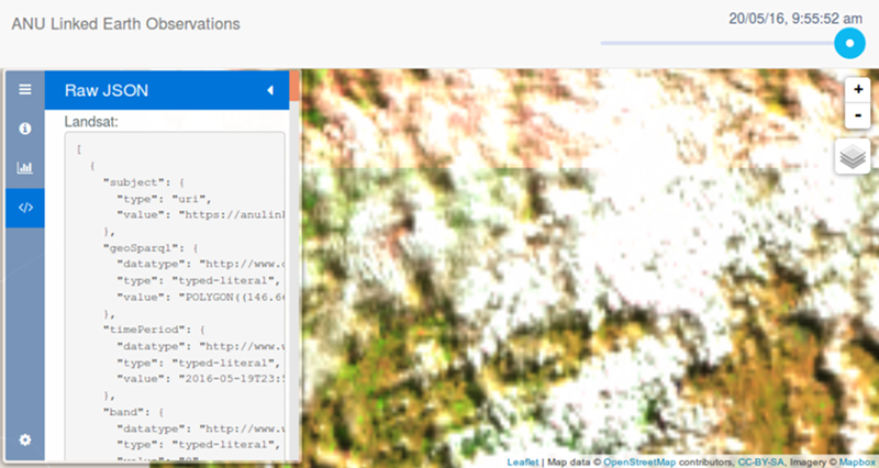 Client application running in a browser; shows colour Landsat image in background and dump of image's metadata (in JSON) on the left.