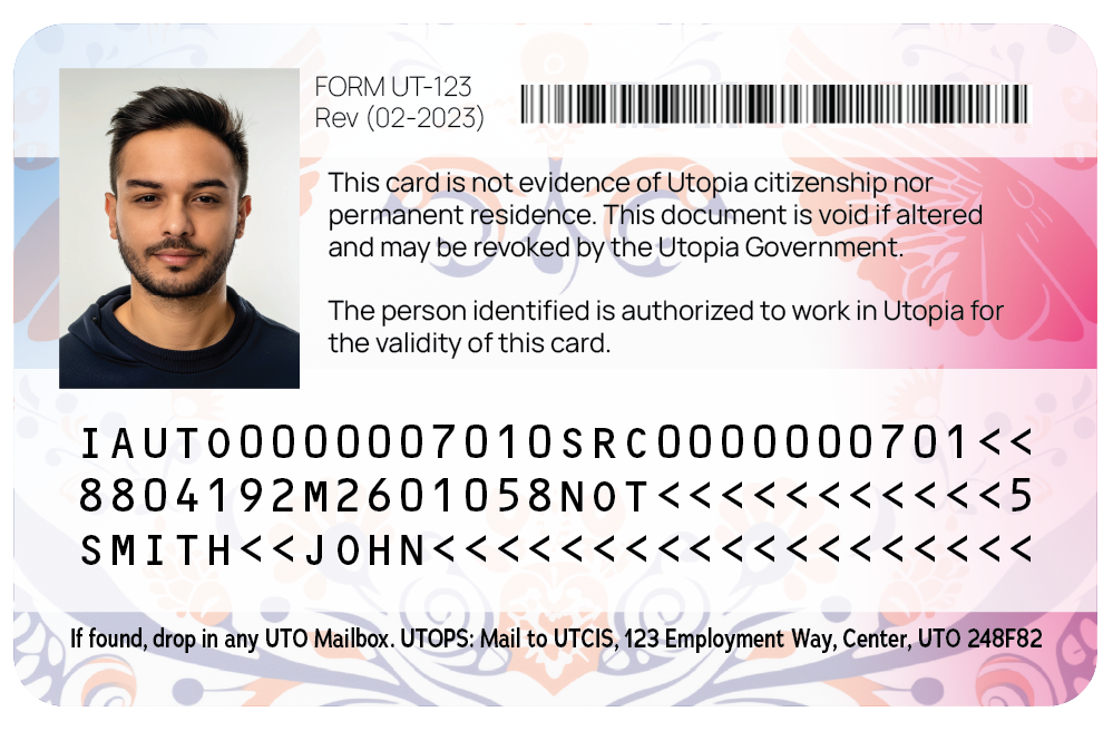 Picture of the back of a employment authorization document issued by the state of Utopia, containing usage rules as well as machine-readable zone data that encodes much of the information displayed on the front of the card.