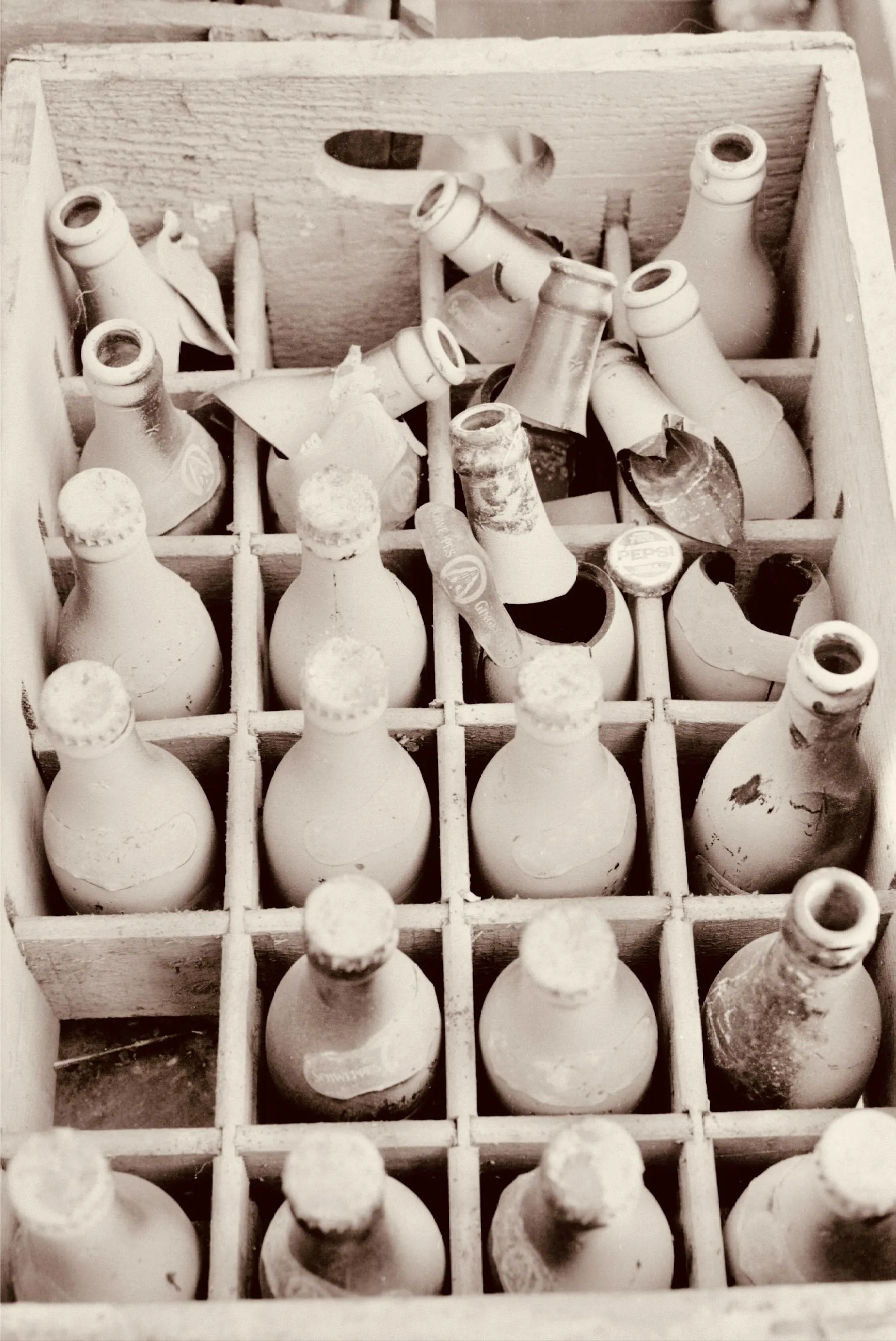 A wooden box of vintage glass bottles; some are worn or chipped, while others are completely broken apart toward the neck.