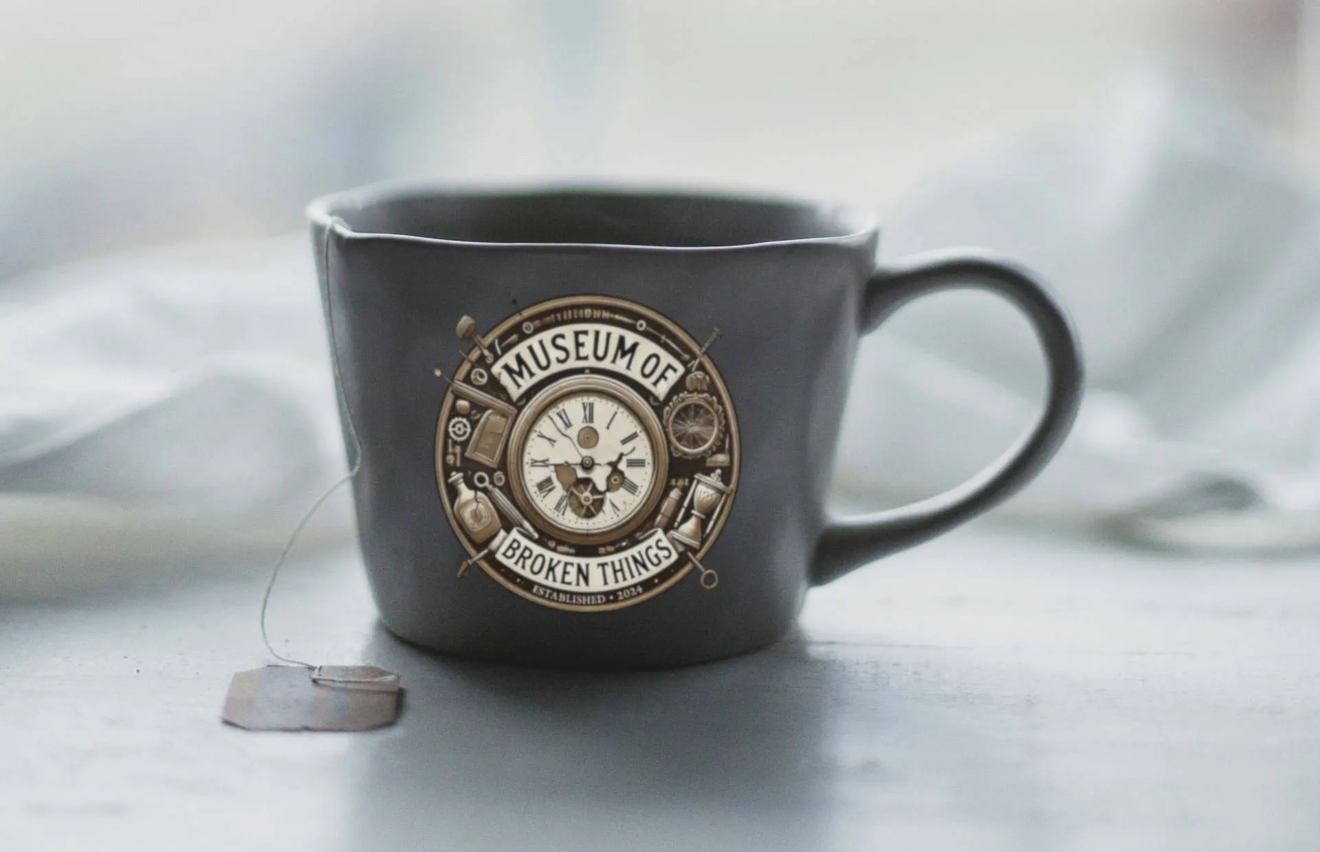 A short dark-colored cup with the Museum logo on one side