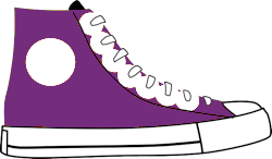 Purple high top trainer with white laces, empty white dot on outside ankle, and white toe cap