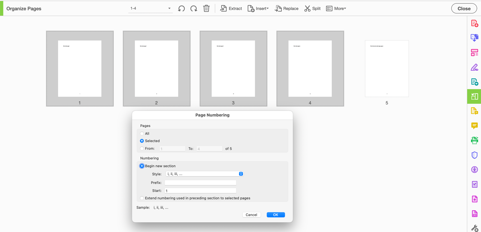 Three pages selected on the Pages panel and the Page Numbering dialog specifying the new page styles. The starting page is specified as 1 (default), which is correct.