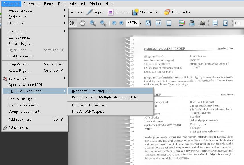 A scanned page in Acrobat Pro showing a cheese recipe.