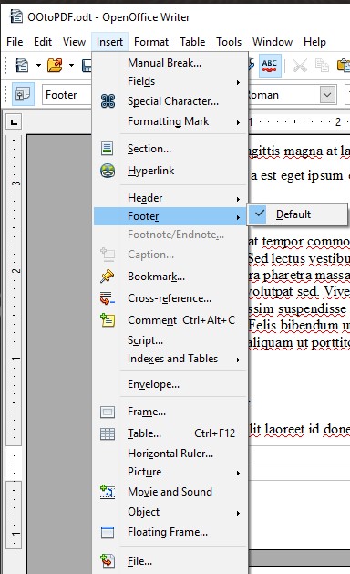 OpenOffice's Insert Footer menu option.