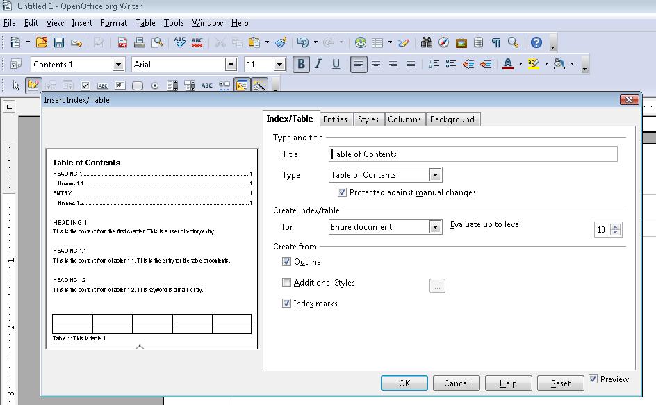 A screen grab of the Insert Index/Table dialog in OpenOffice.org Writer.