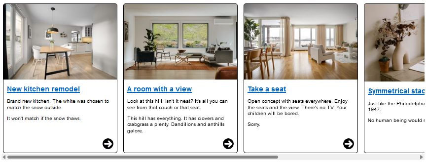 horizontally scrolling carousel, containing multiple 'panels' of teaser content about different homes that are for sale (four visible teaser panels in the screenshot).