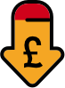 A yellow arrow pointing down with a pound sign (currency) in the middle.