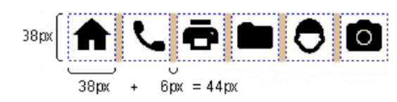 A row of icons with measures showing they are each 38 by 38 pixels wide and high, with 6 pixel spacing between them.