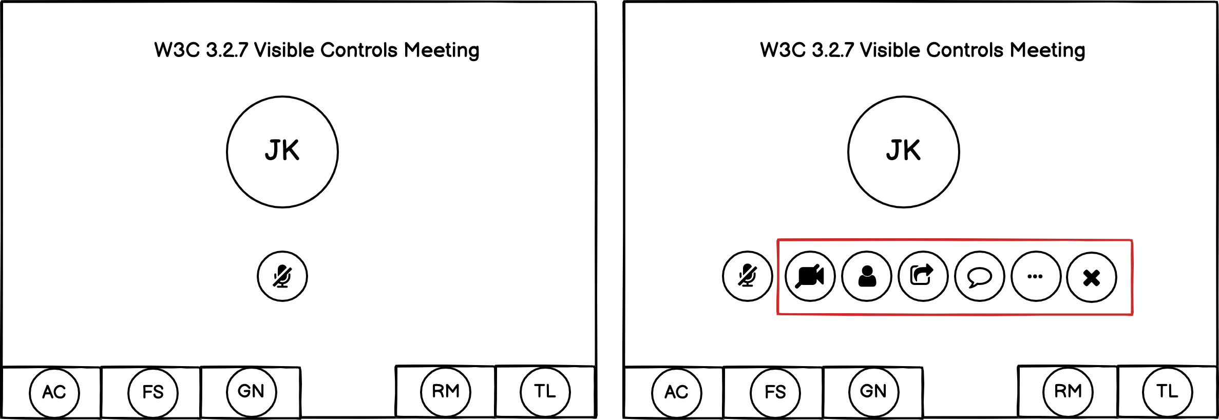 Two screens showing a wireframe of an online meeting interface. The right hand screen has many additional controls showing.